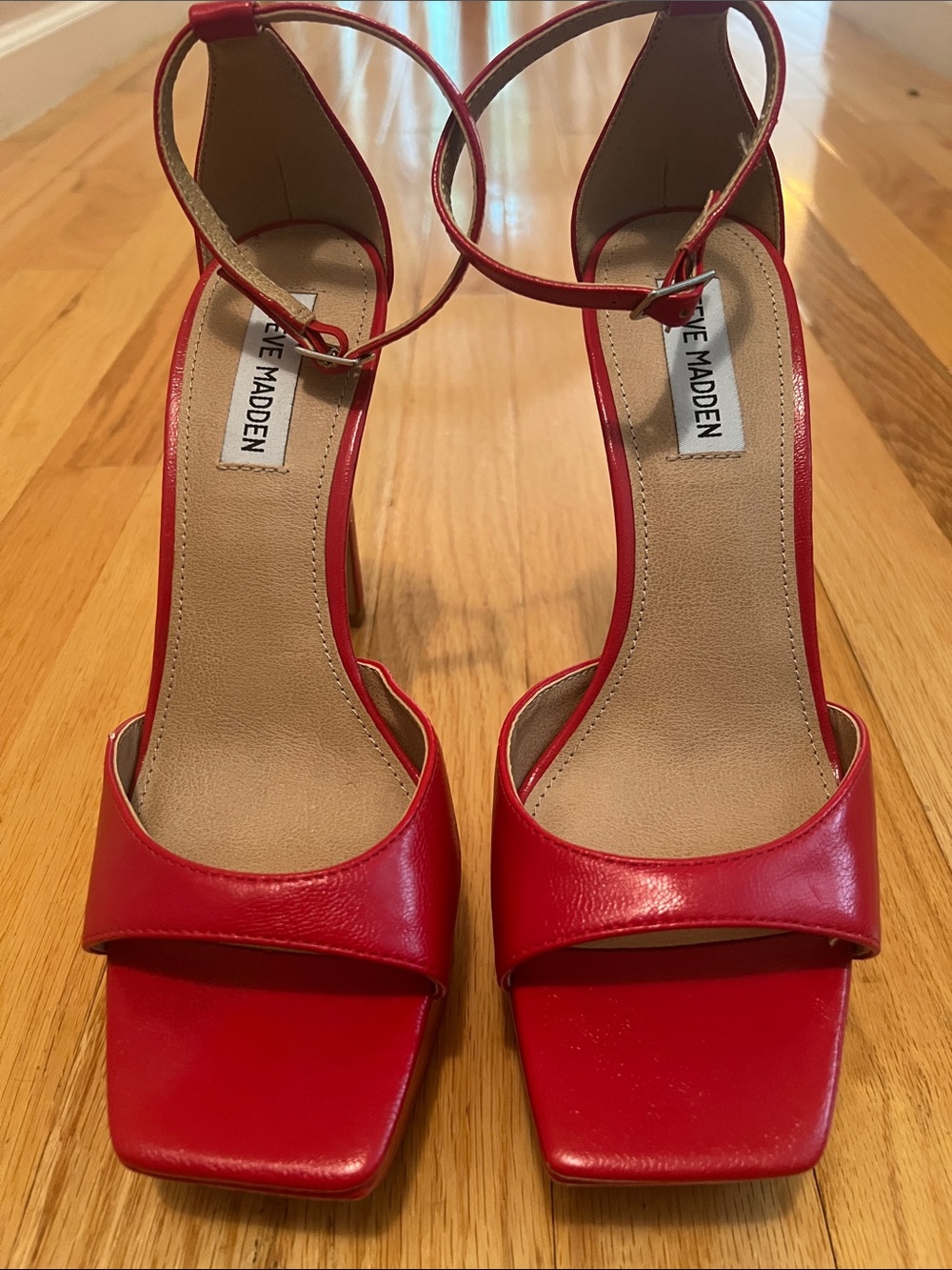 Steve Madden Red Square-Toe Ankle-Strap Block Heels